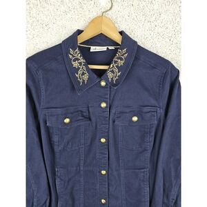 Denim & Co Trucker Navy Jacket Womens Plus 1X Western Gold Buttons‎ Stitching